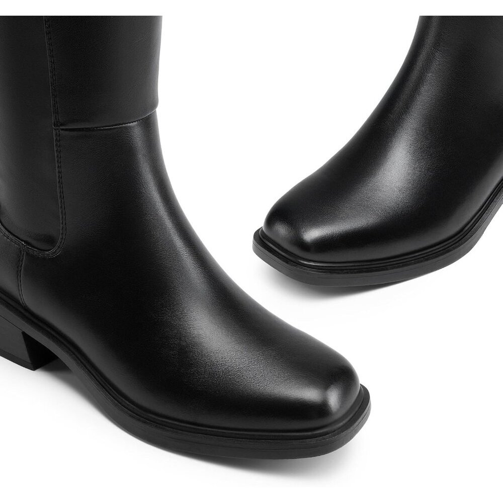 Women's Black Block Heel Casual Long Boots Knee High Side Zipper Faux Leather - Picture 4 of 6